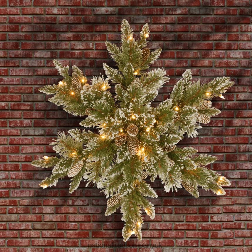 Greenery | National Tree Company Pre-Lit Artificial Christmas Star Wreath Green Glittery Bristle Pine White Lights Decorated with Pine Cones Frosted Branches Christmas Collection 32 Inches F2L4